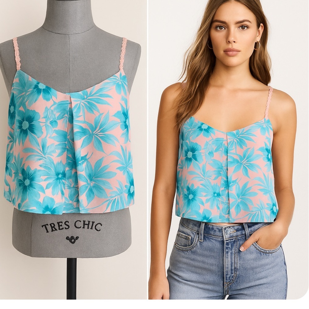 Lovers + Friends Pink & Blue Floral Crop Top, NWT Size M – Back Cutout beachy